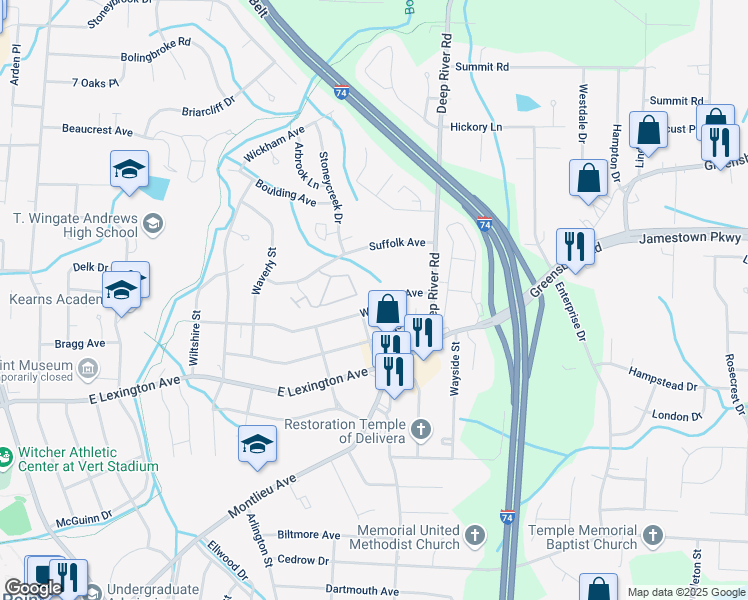 map of restaurants, bars, coffee shops, grocery stores, and more near 2613 Woodruff Avenue in High Point