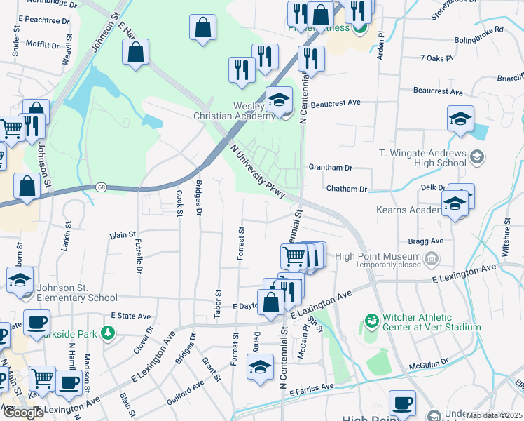 map of restaurants, bars, coffee shops, grocery stores, and more near 1707 Norwood Court North in High Point