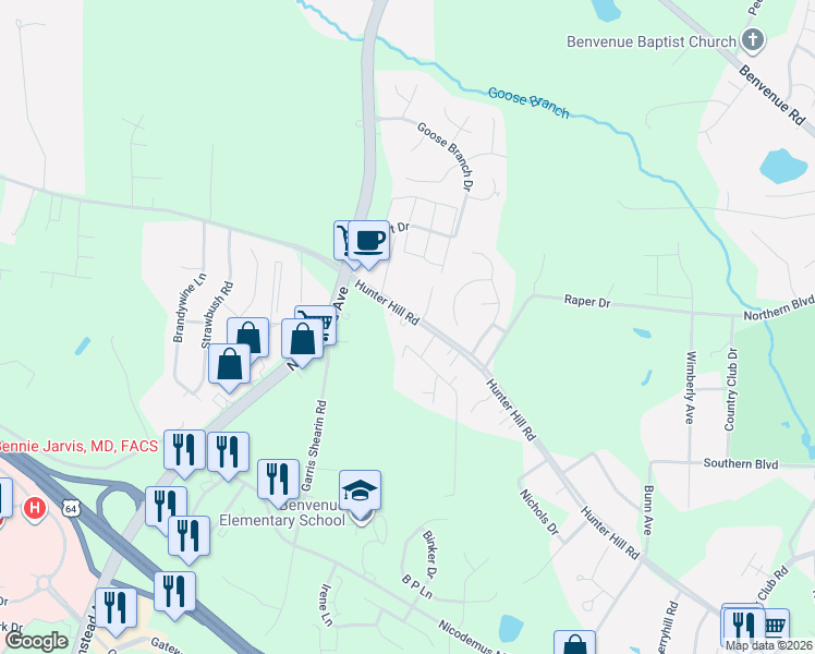map of restaurants, bars, coffee shops, grocery stores, and more near in Rocky Mount