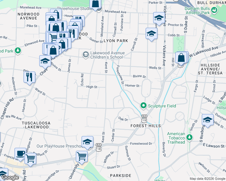 map of restaurants, bars, coffee shops, grocery stores, and more near 1413 Kent Street in Durham