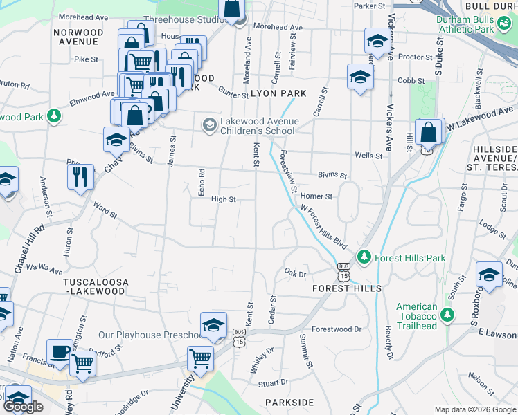 map of restaurants, bars, coffee shops, grocery stores, and more near 1413 Kent Street in Durham