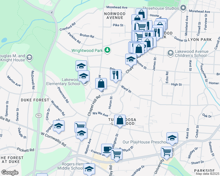 map of restaurants, bars, coffee shops, grocery stores, and more near 2116 Ward Street in Durham