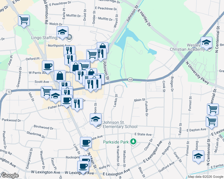 map of restaurants, bars, coffee shops, grocery stores, and more near 1833 Johnson Street in High Point