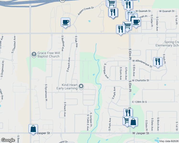 map of restaurants, bars, coffee shops, grocery stores, and more near 1401 West Albuquerque Street in Broken Arrow
