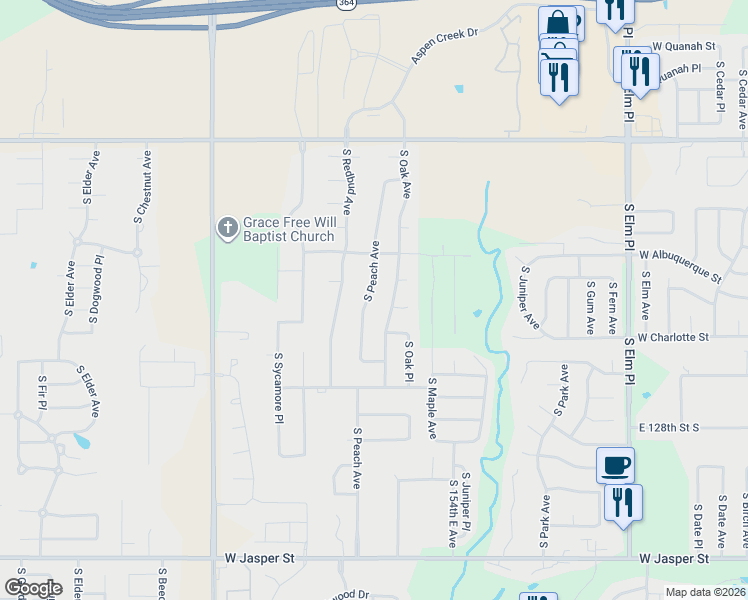 map of restaurants, bars, coffee shops, grocery stores, and more near 7009 South Peach Avenue in Broken Arrow