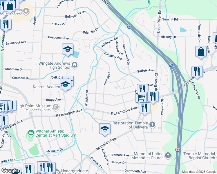 map of restaurants, bars, coffee shops, grocery stores, and more near 1602 Waverly Street in High Point