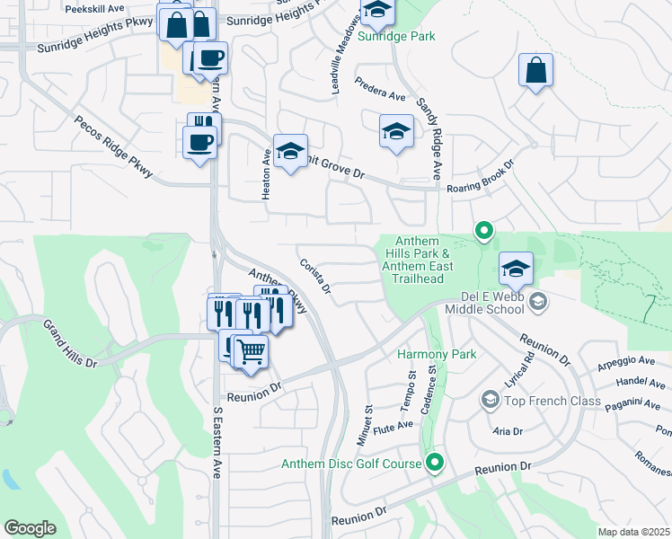 map of restaurants, bars, coffee shops, grocery stores, and more near 2429 Allegretto Avenue in Henderson