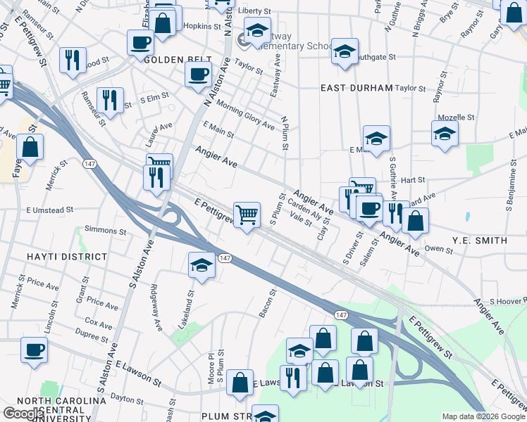 map of restaurants, bars, coffee shops, grocery stores, and more near 312 South Plum Street in Durham