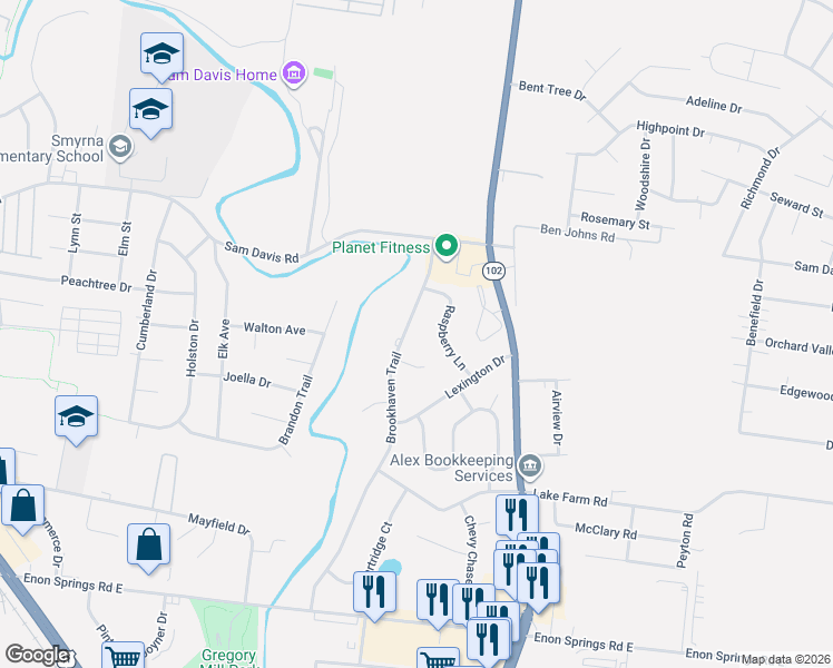 map of restaurants, bars, coffee shops, grocery stores, and more near 404 Brookhaven Trail in Smyrna