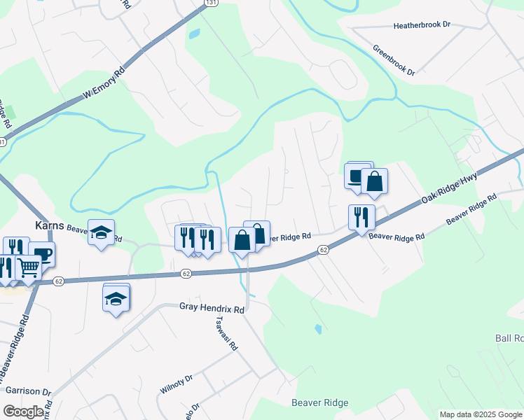 map of restaurants, bars, coffee shops, grocery stores, and more near 6937 Cherry Grove Road in Knoxville