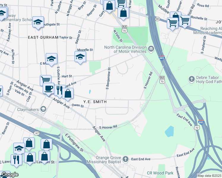 map of restaurants, bars, coffee shops, grocery stores, and more near 307 South Benjamine Street in Durham