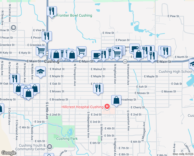 map of restaurants, bars, coffee shops, grocery stores, and more near 946 East Maple Street in Cushing