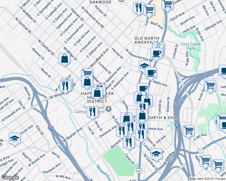 map of restaurants, bars, coffee shops, grocery stores, and more near 222 East Anderson Avenue in Knoxville