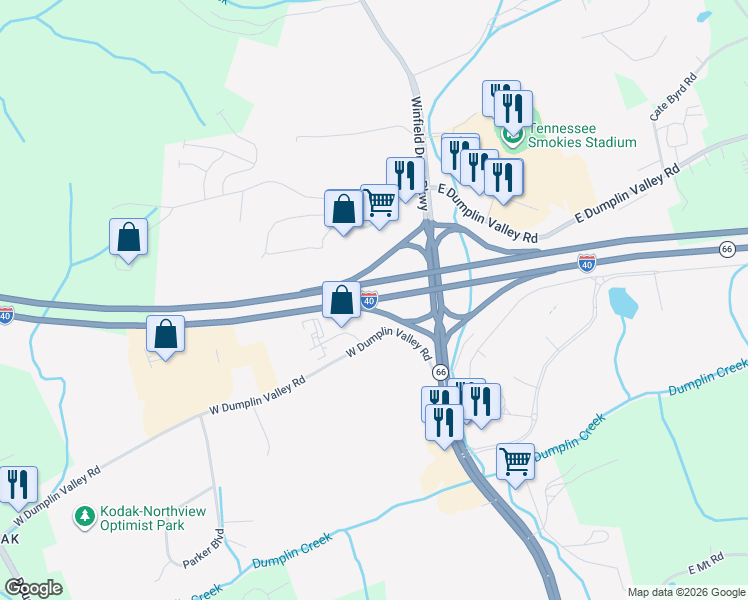map of restaurants, bars, coffee shops, grocery stores, and more near Interstate 40 in Kodak