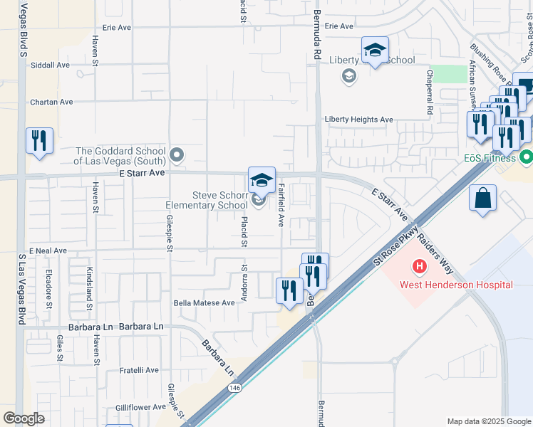 map of restaurants, bars, coffee shops, grocery stores, and more near 11420 Placid Street in Las Vegas