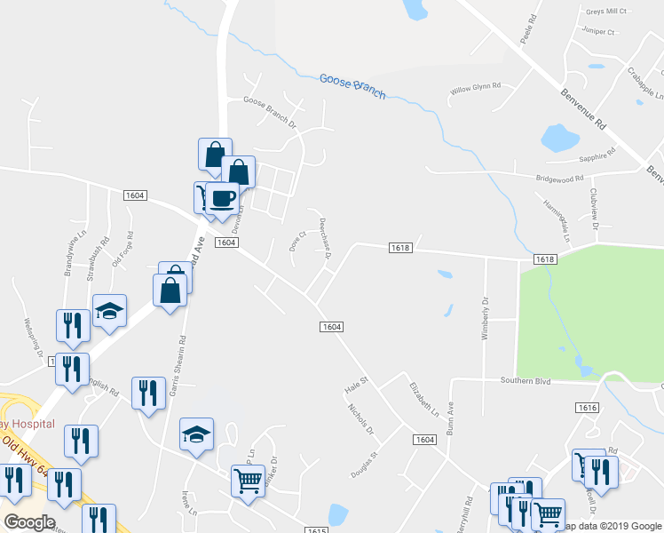 map of restaurants, bars, coffee shops, grocery stores, and more near 1037 Deerchase Drive in Rocky Mount