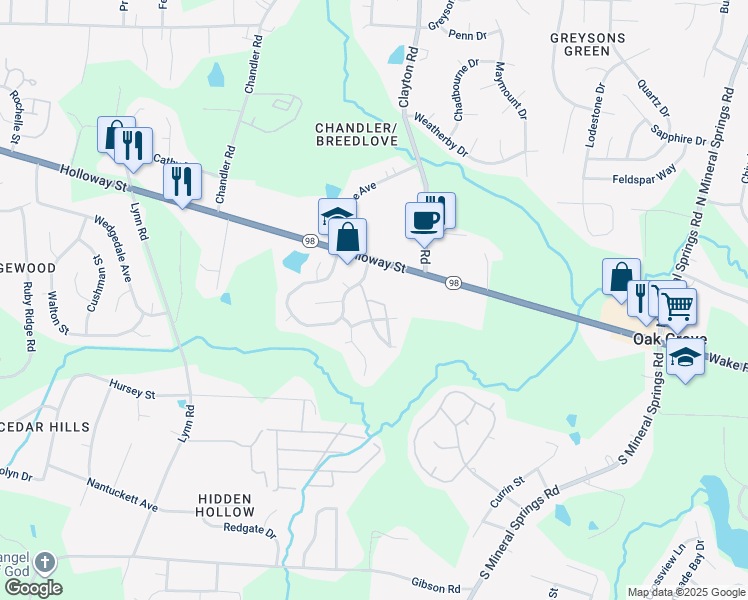 map of restaurants, bars, coffee shops, grocery stores, and more near 650 Ganyard Farm Way in Durham