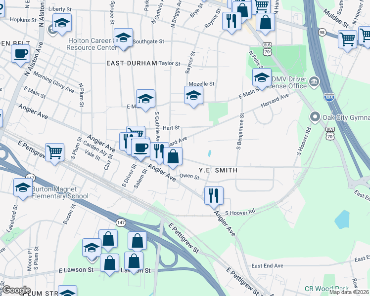 map of restaurants, bars, coffee shops, grocery stores, and more near 2410 Harvard Avenue in Durham