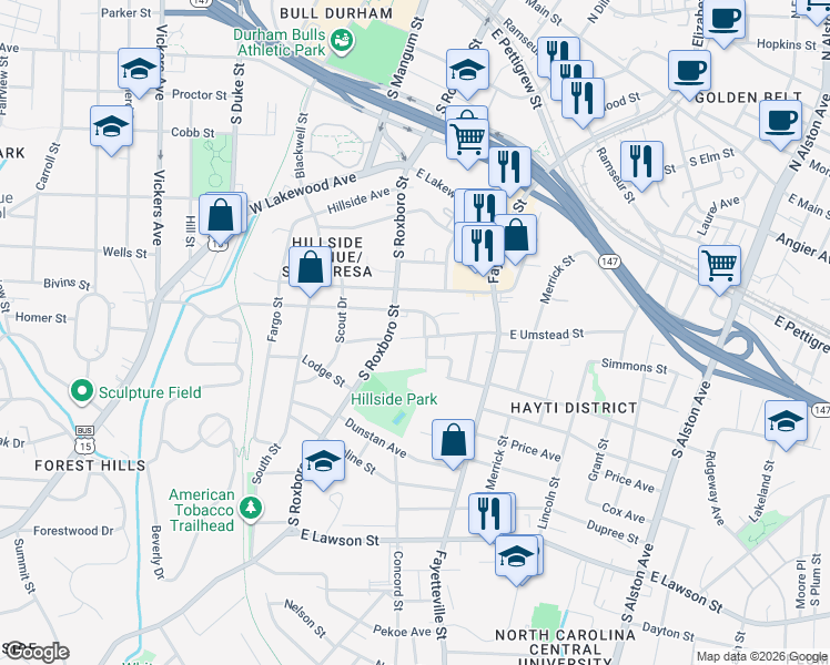 map of restaurants, bars, coffee shops, grocery stores, and more near 1 Fisher Place in Durham