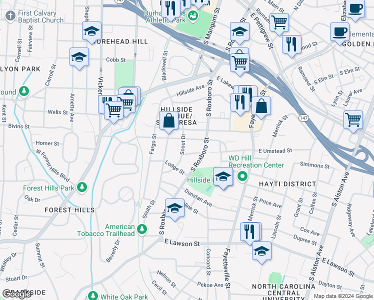 map of restaurants, bars, coffee shops, grocery stores, and more near 104 East Enterprise Street in Durham