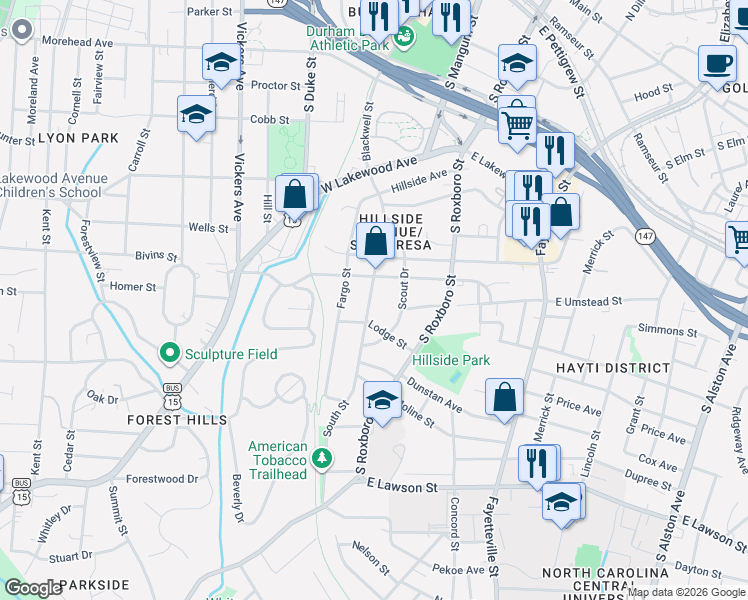 map of restaurants, bars, coffee shops, grocery stores, and more near 1103 South Street in Durham