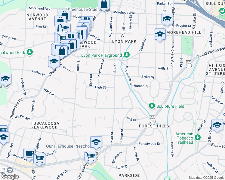 map of restaurants, bars, coffee shops, grocery stores, and more near 1414 Kent Street in Durham