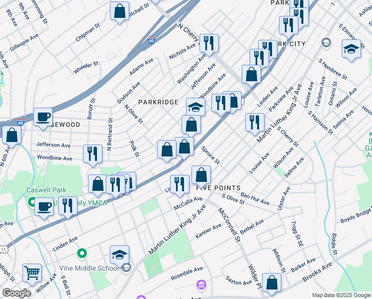map of restaurants, bars, coffee shops, grocery stores, and more near 2346 East 5th Avenue in Knoxville