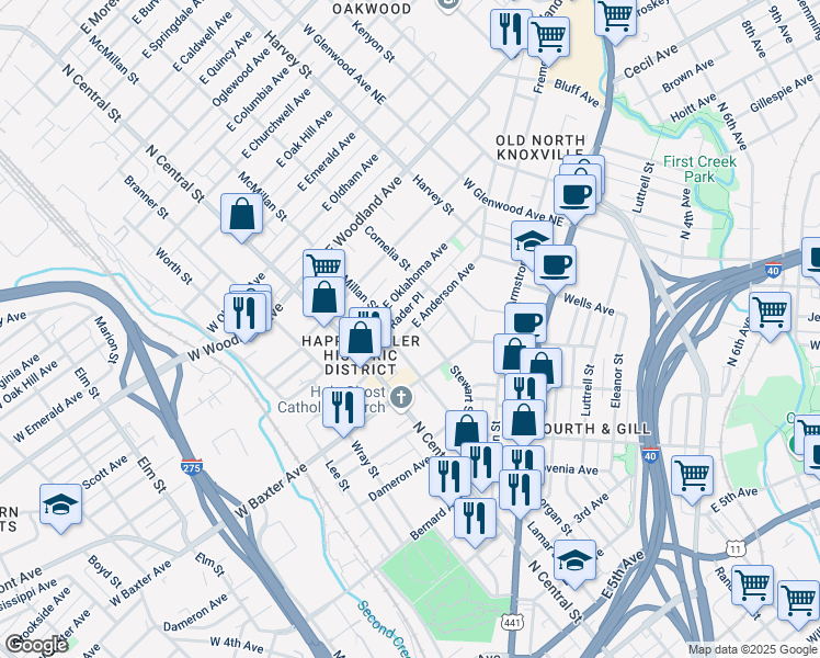 map of restaurants, bars, coffee shops, grocery stores, and more near 231 East Anderson Avenue in Knoxville