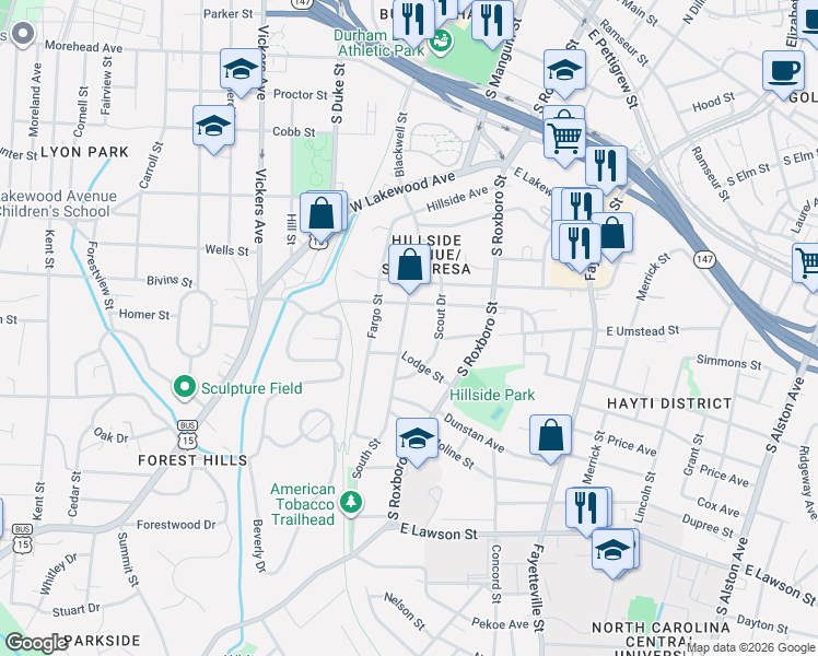map of restaurants, bars, coffee shops, grocery stores, and more near 1103 South Street in Durham