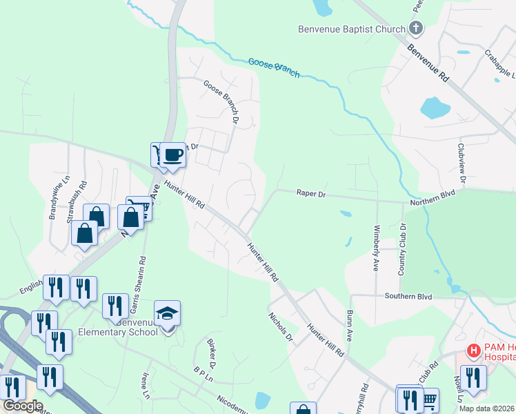 map of restaurants, bars, coffee shops, grocery stores, and more near 1025 Deerchase Drive in Rocky Mount