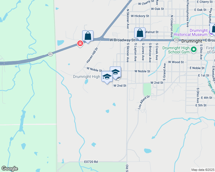 map of restaurants, bars, coffee shops, grocery stores, and more near 508 South Skinner Avenue in Drumright