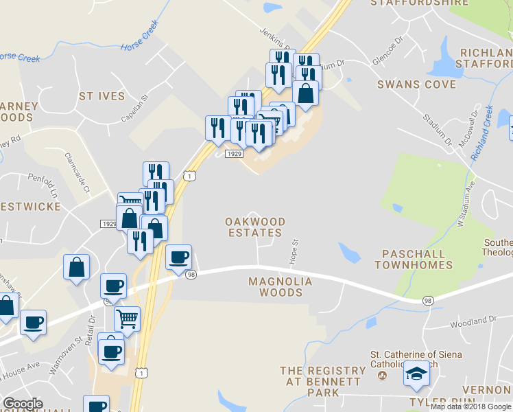 map of restaurants, bars, coffee shops, grocery stores, and more near 146 Dogwood Lane in Wake Forest