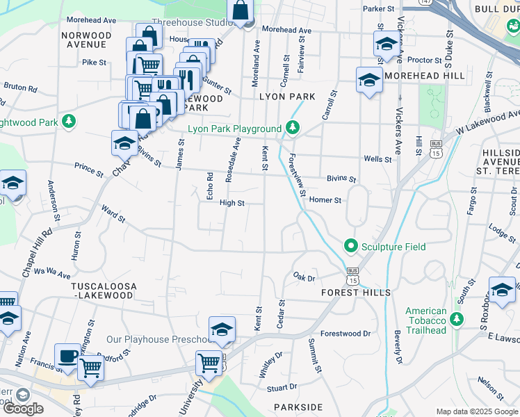 map of restaurants, bars, coffee shops, grocery stores, and more near 1414 Kent Street in Durham