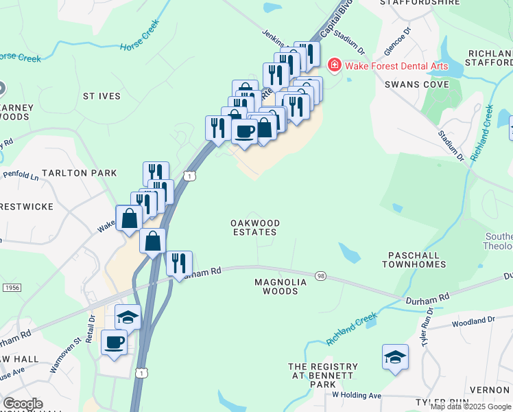 map of restaurants, bars, coffee shops, grocery stores, and more near 146 Dogwood Lane in Wake Forest