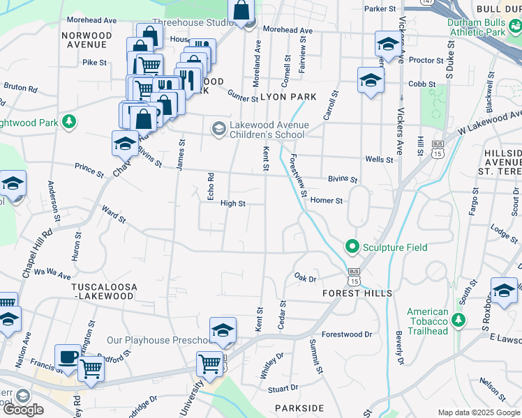 map of restaurants, bars, coffee shops, grocery stores, and more near 1501 High Street in Durham