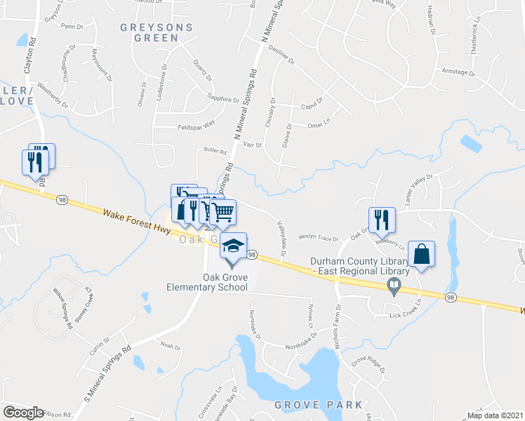 map of restaurants, bars, coffee shops, grocery stores, and more near 3812 Valleydale Drive in Durham