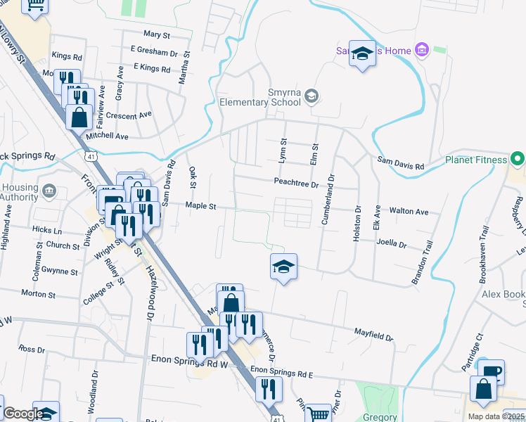 map of restaurants, bars, coffee shops, grocery stores, and more near 312 Maple St in Smyrna