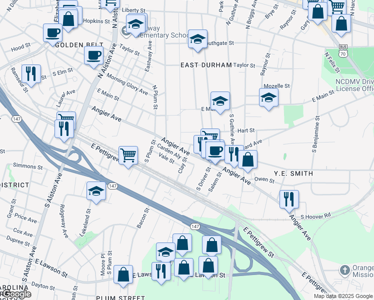 map of restaurants, bars, coffee shops, grocery stores, and more near 1907 Angier Avenue in Durham