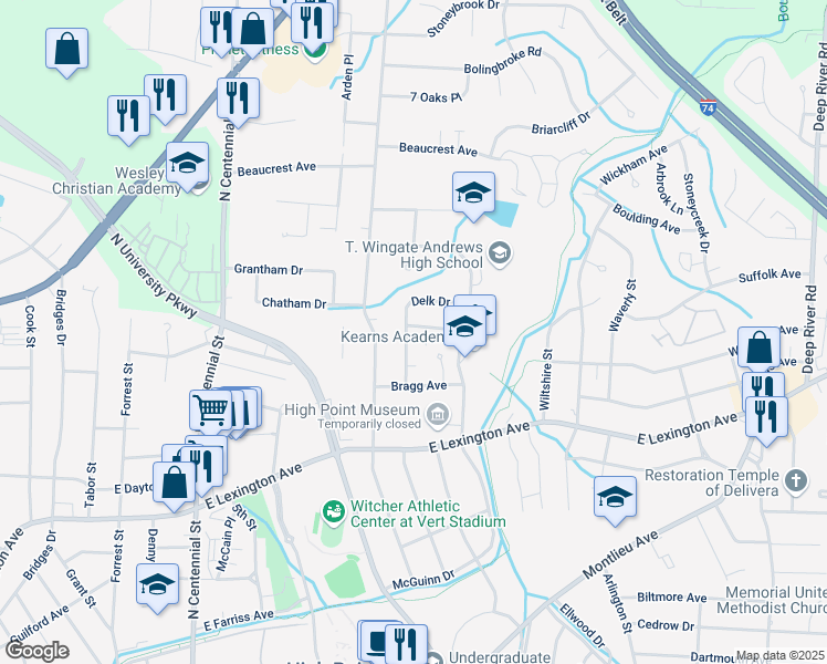 map of restaurants, bars, coffee shops, grocery stores, and more near 1503 Delk Drive in High Point