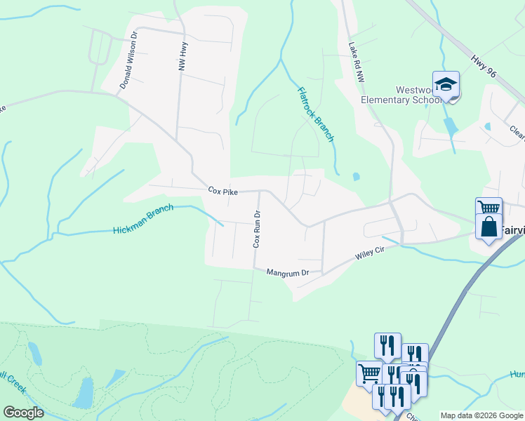 map of restaurants, bars, coffee shops, grocery stores, and more near 7304 Cox Run Drive in Fairview