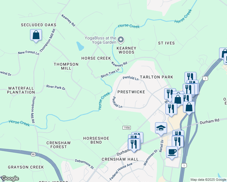 map of restaurants, bars, coffee shops, grocery stores, and more near 2733 Penfold Lane in Wake Forest
