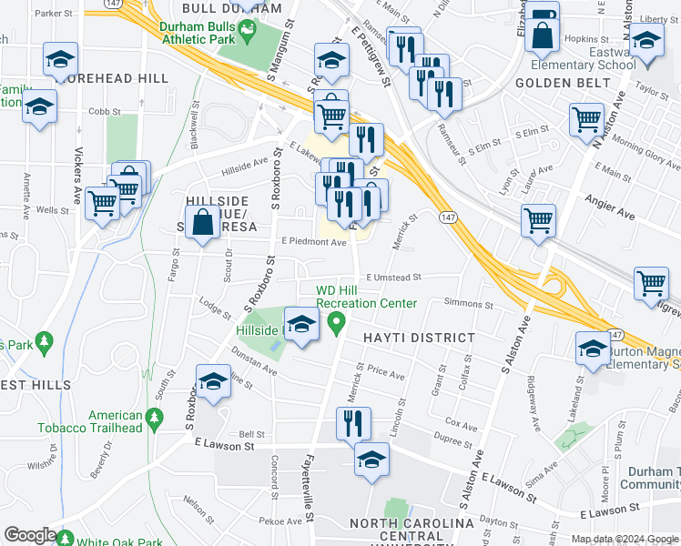 map of restaurants, bars, coffee shops, grocery stores, and more near 401 East Umstead Street in Durham