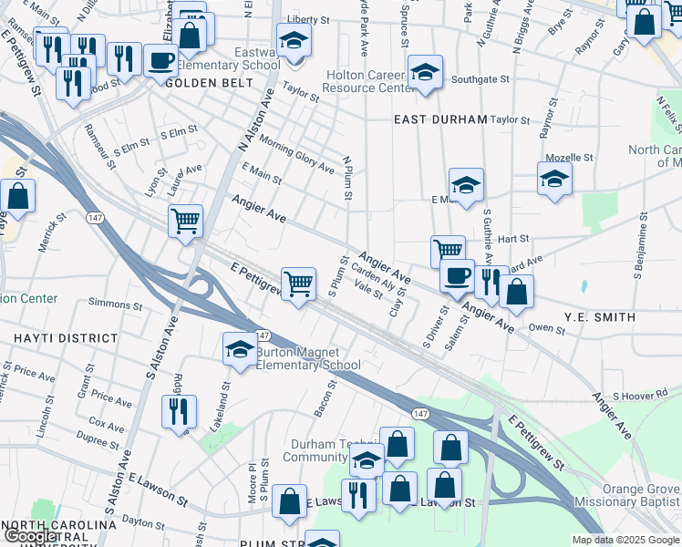 map of restaurants, bars, coffee shops, grocery stores, and more near 1601 Vale Street in Durham