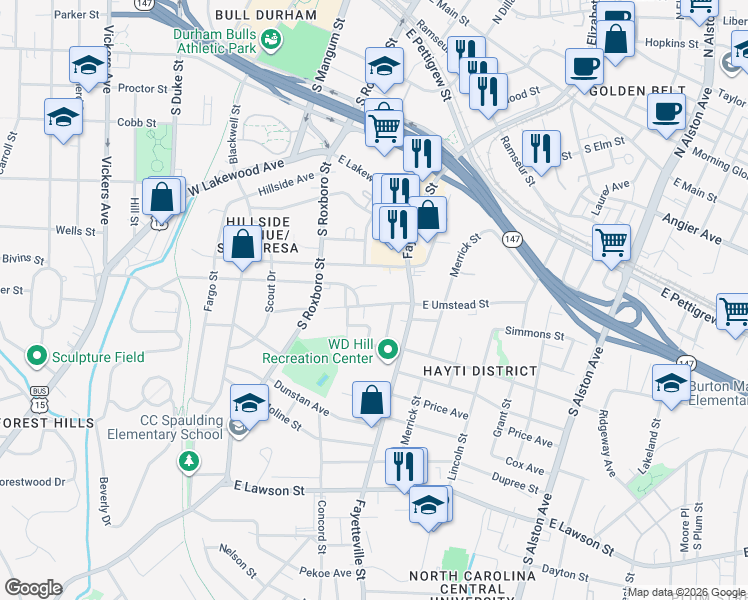 map of restaurants, bars, coffee shops, grocery stores, and more near 13 Fisher Place in Durham