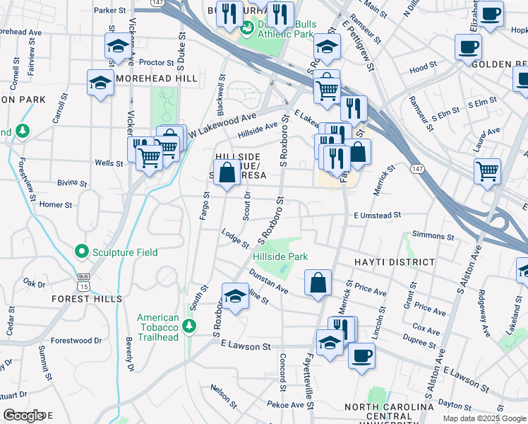 map of restaurants, bars, coffee shops, grocery stores, and more near 104 East Enterprise Street in Durham