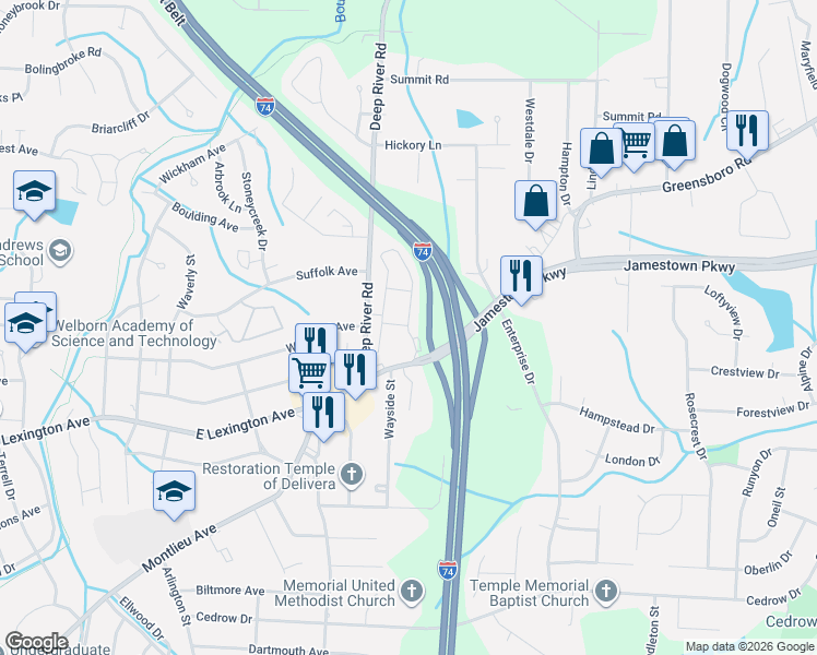 map of restaurants, bars, coffee shops, grocery stores, and more near Greensboro Road in High Point