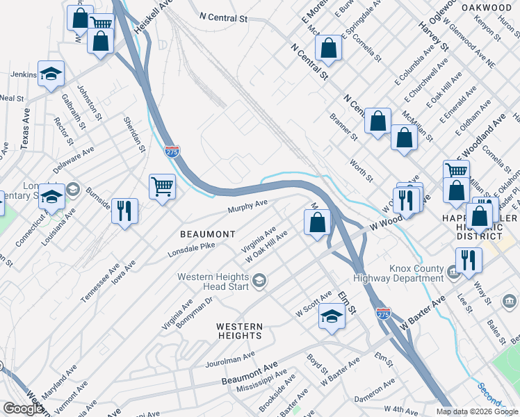 map of restaurants, bars, coffee shops, grocery stores, and more near 811 Vermont Avenue in Knoxville