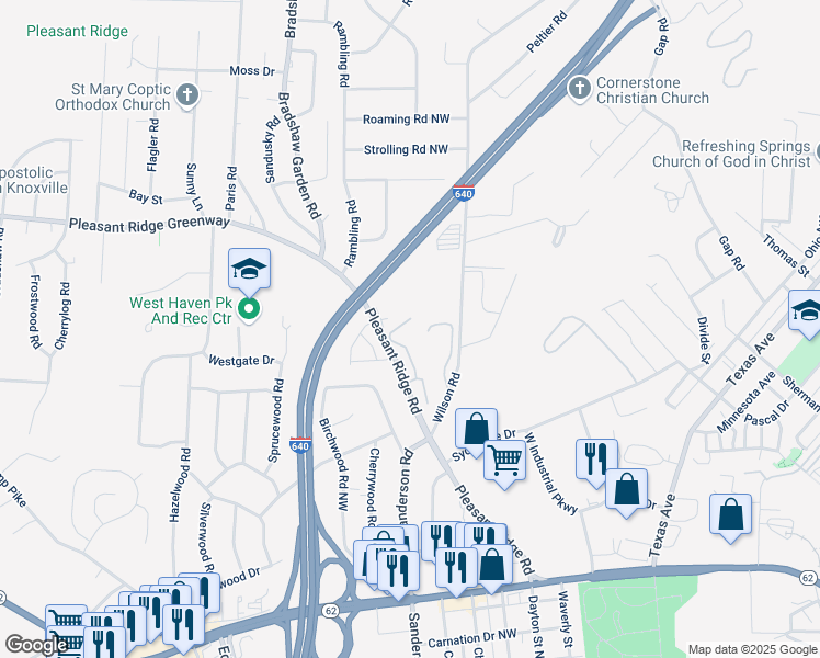 map of restaurants, bars, coffee shops, grocery stores, and more near 2155 Wilson Road in Knoxville