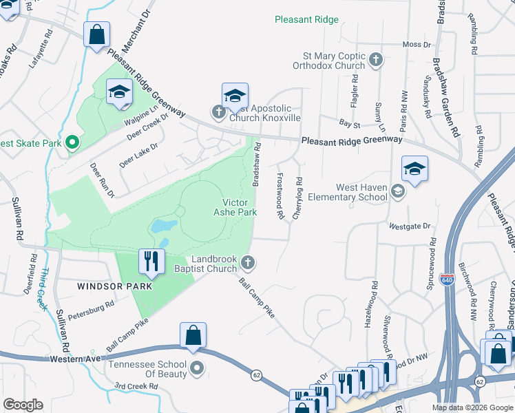 map of restaurants, bars, coffee shops, grocery stores, and more near 4826 Bradshaw Road in Knoxville