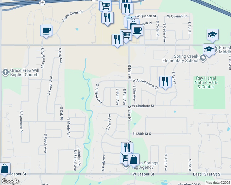 map of restaurants, bars, coffee shops, grocery stores, and more near 805 West Baton Rouge Street in Broken Arrow